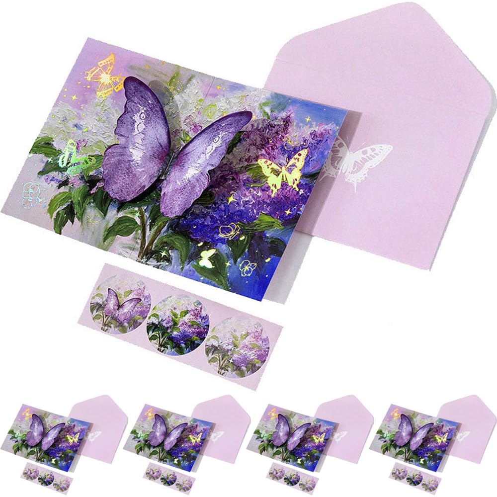 Photo 1 of 5 Set, 3D Pop Up Butterfly Greeting Card with Paper Envelope for Friends, Foldable Popup Celebration Cards for Birthday, Graduation, Wedding, Anniversary, Thank You, Thinking of You, Get Well, Valentine's Day, Mother's Day, Fathers Day, All Occasio (Purpl