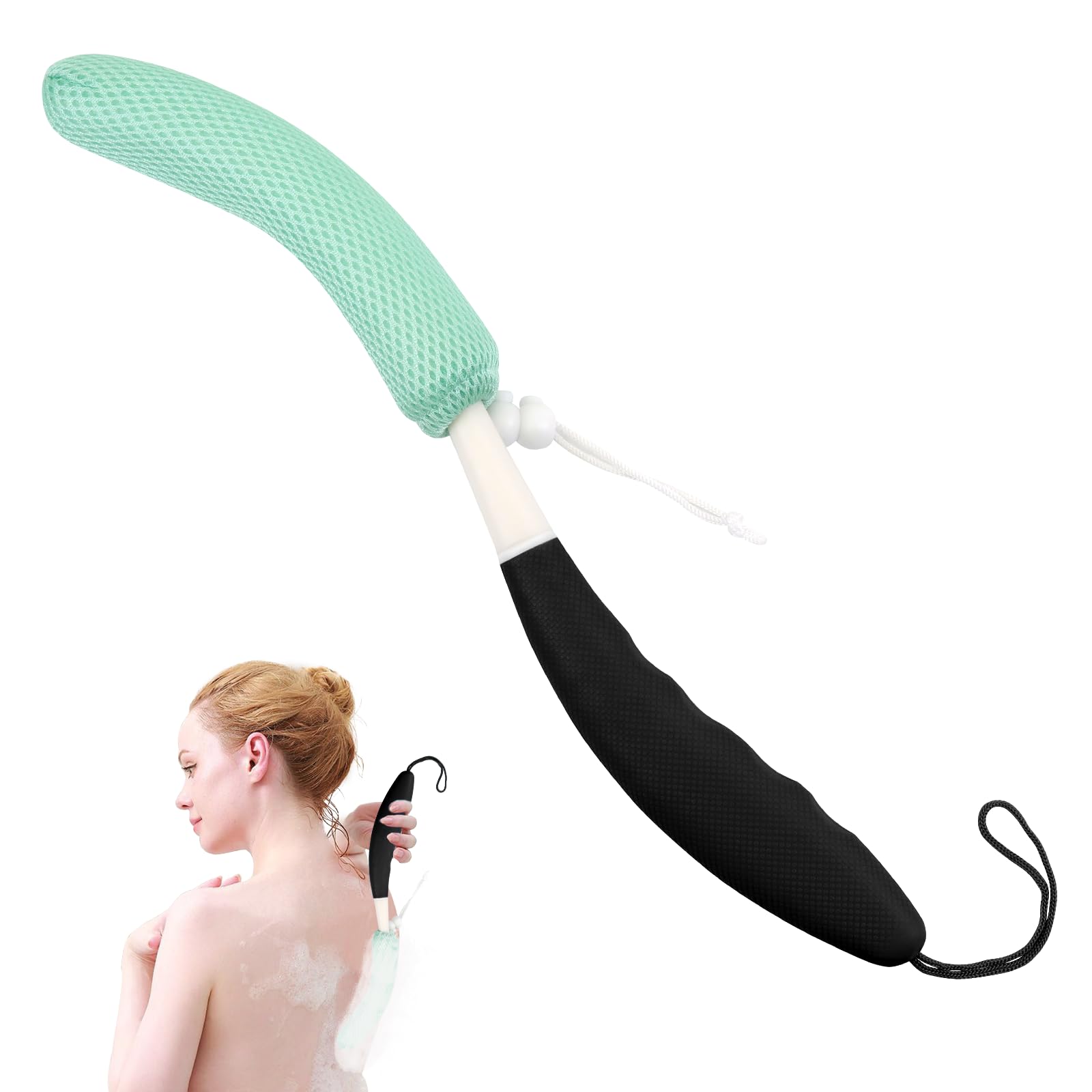 KkaFFe Back Scrubber for Shower，Mesh Sponge Shower Brush with Long Handle for Use in Back Shower,Bath Brush for Exfoliating Body Scrubber(Black-Green)