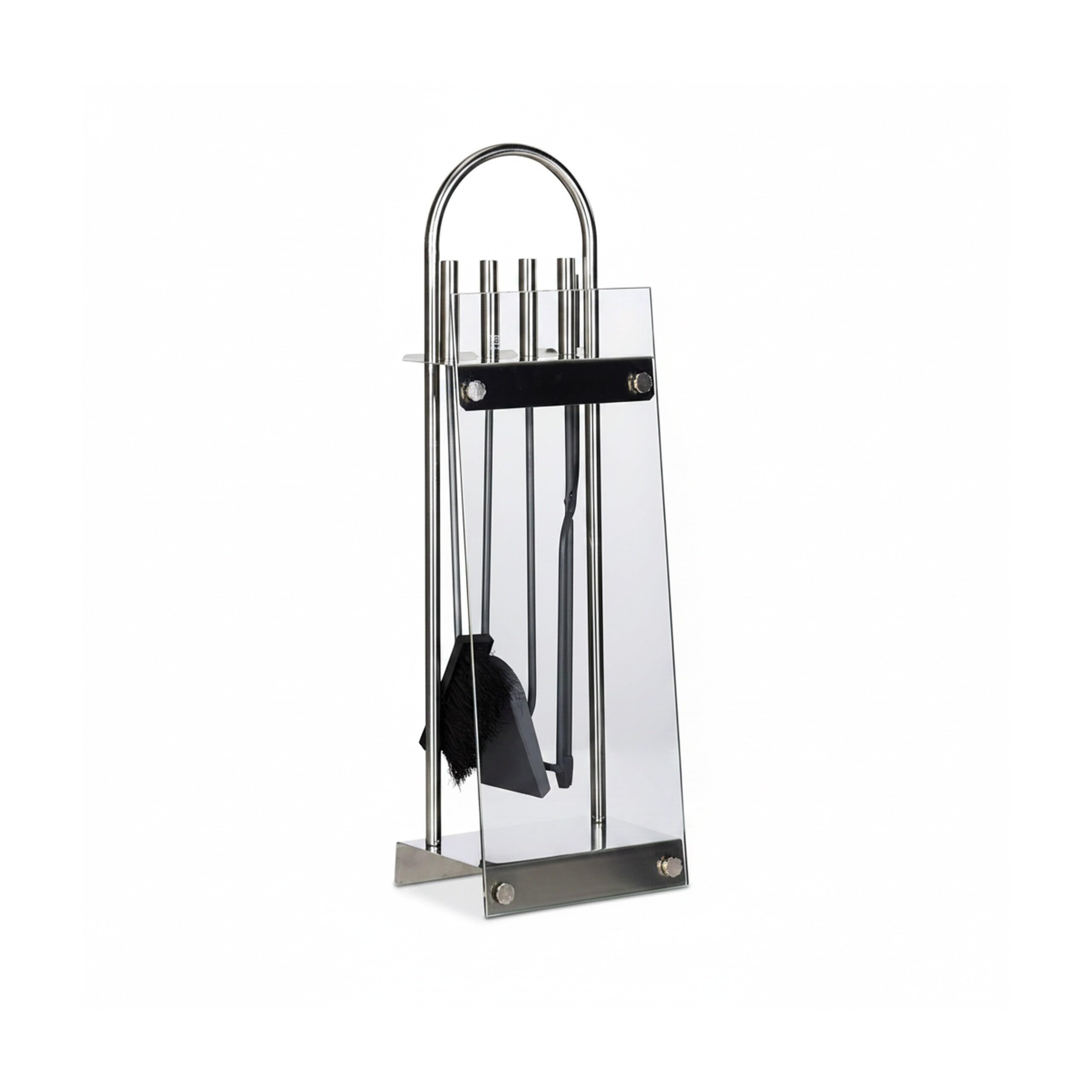 Relaxdays Kaminbesteck Edelstahl, Kamingarnitur 5 teilig, Halter, Schaufel, Besen, Zange, Haken, modern, Glas, silber 8