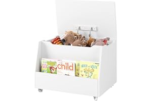 HOUSUIT Wooden Storage Cabinet, White Storage Bench on Wheels for, Storage Organizer Bench with Safety Hinges Lid for Living Room, Entryway