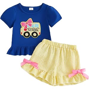 Kavousa Kids Toddler Girl School Kindergarten Pre K Outfit Short Sleeve Shirt Top and Shorts Set Little Girl Summer Clothes