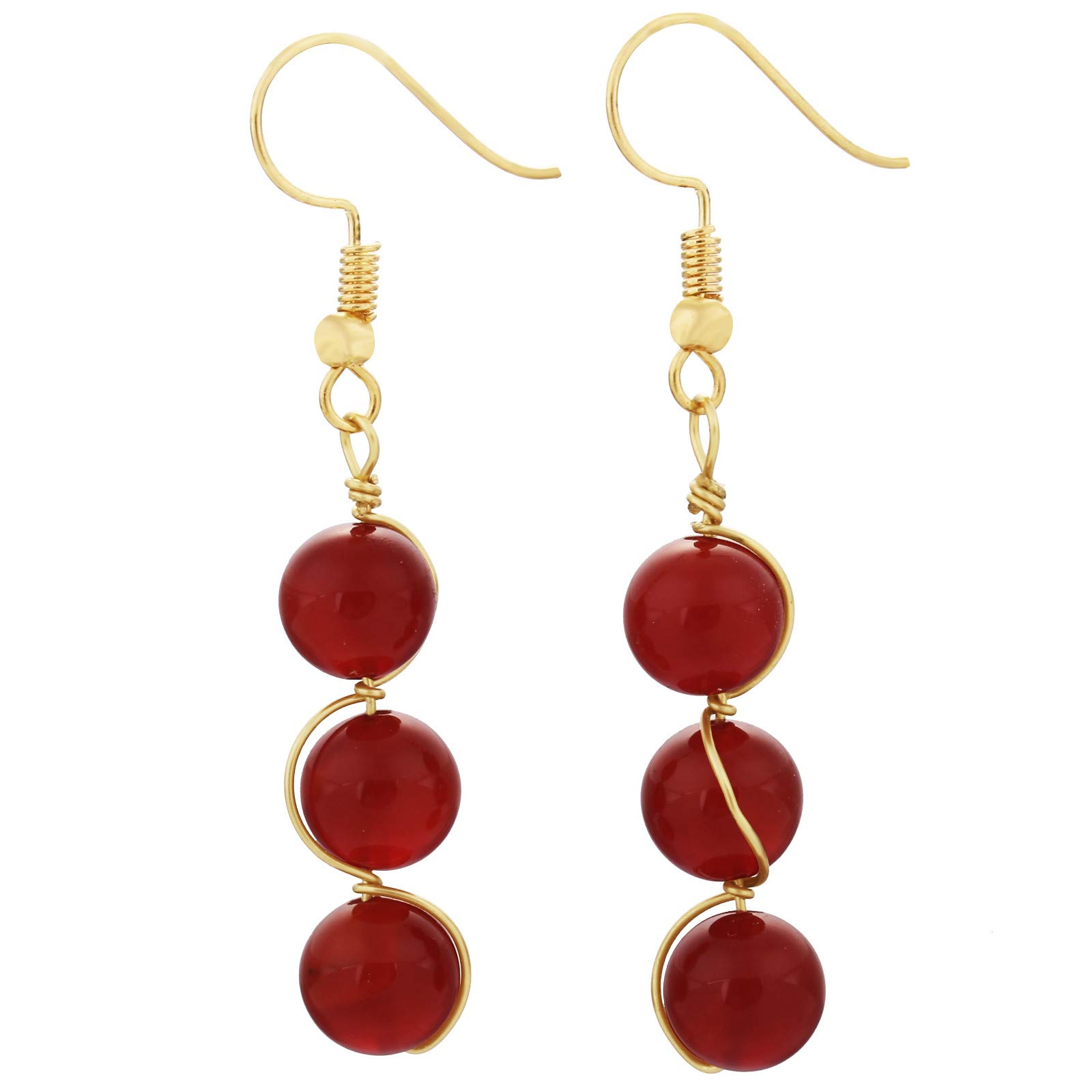 Nupuyai Carnelian 3 Beads Wire Wrap Vintage Drop Earrings for Women, Healing Crystal Stone Dangle Earrings for Wedding Party, 50mm
