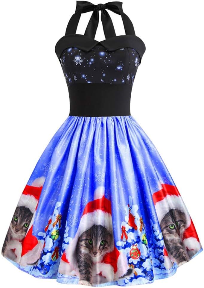 WAOTIER Strap Dresses Women Vintage Christmas Cat Printed Halter Sleeveless Evening Party Prom Swing Dress High Waist Slim Fit Adjustable Spaghetti Strap Dresses