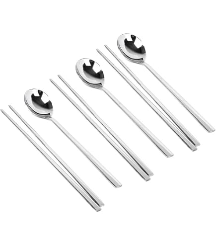 Cozymomdeco Korean Stainless Steel Spoon & Chopstick Set – Hammered Silver Glossy Finish (4 Sets) - View #5