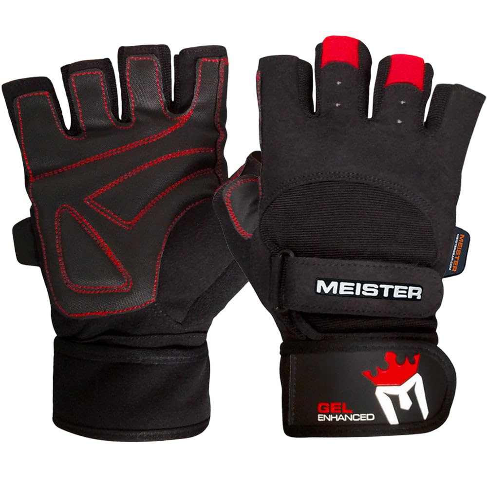 Meister Wrist Wrap Weight Lifting Gloves w/Gel Padding - Black/Red - X-Large