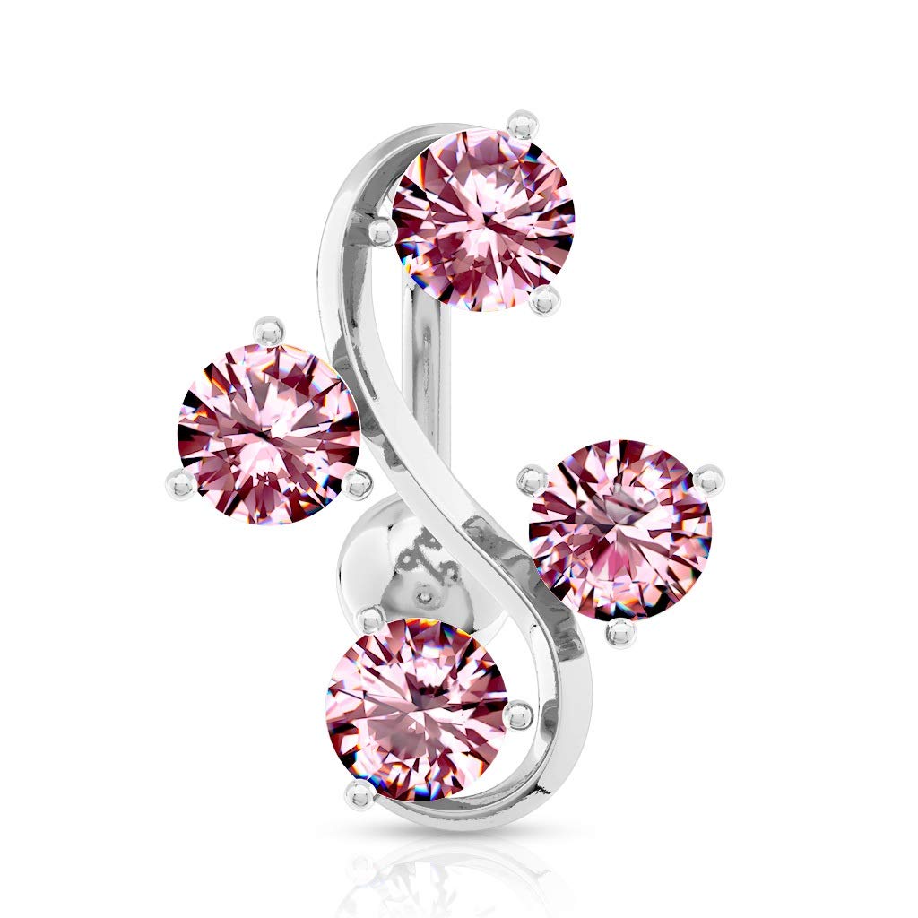 PiercedOff 316LSurgical Steel Top Down (Reverse) Belly Bar with 4 Pink CZ Gem Vine - Thickness 14GA (1.6mm) / Length 10mm / Top Ball 5mm and the Vine is 19mm x 14mm