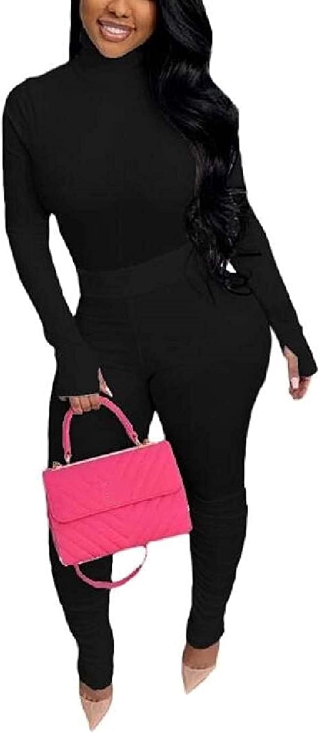 Women Turtleneck Thumb Hole Long Sleeve Slim Fit 2 Pieces Outfits Tops Skinny Pants Set: Amazon 