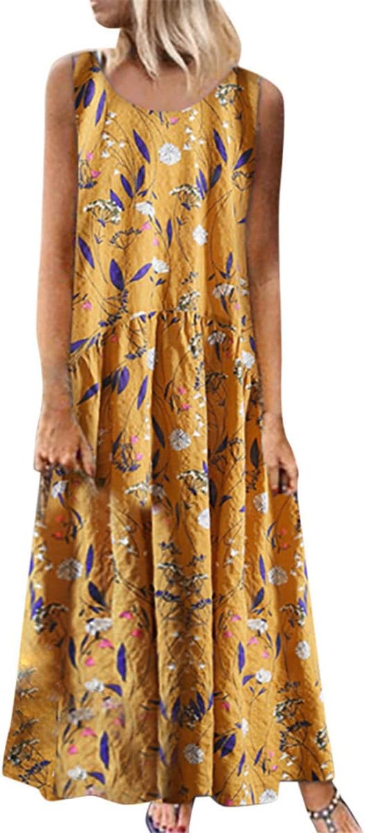 Kelry Womens Casual Loose Sleeveless Sundress O-Neck A-line Beach Summer Swing Tank Tunic Dress Plus Size Vintage Floral Printed Long Maxi Cotton Linen Dresses (S-5XL)