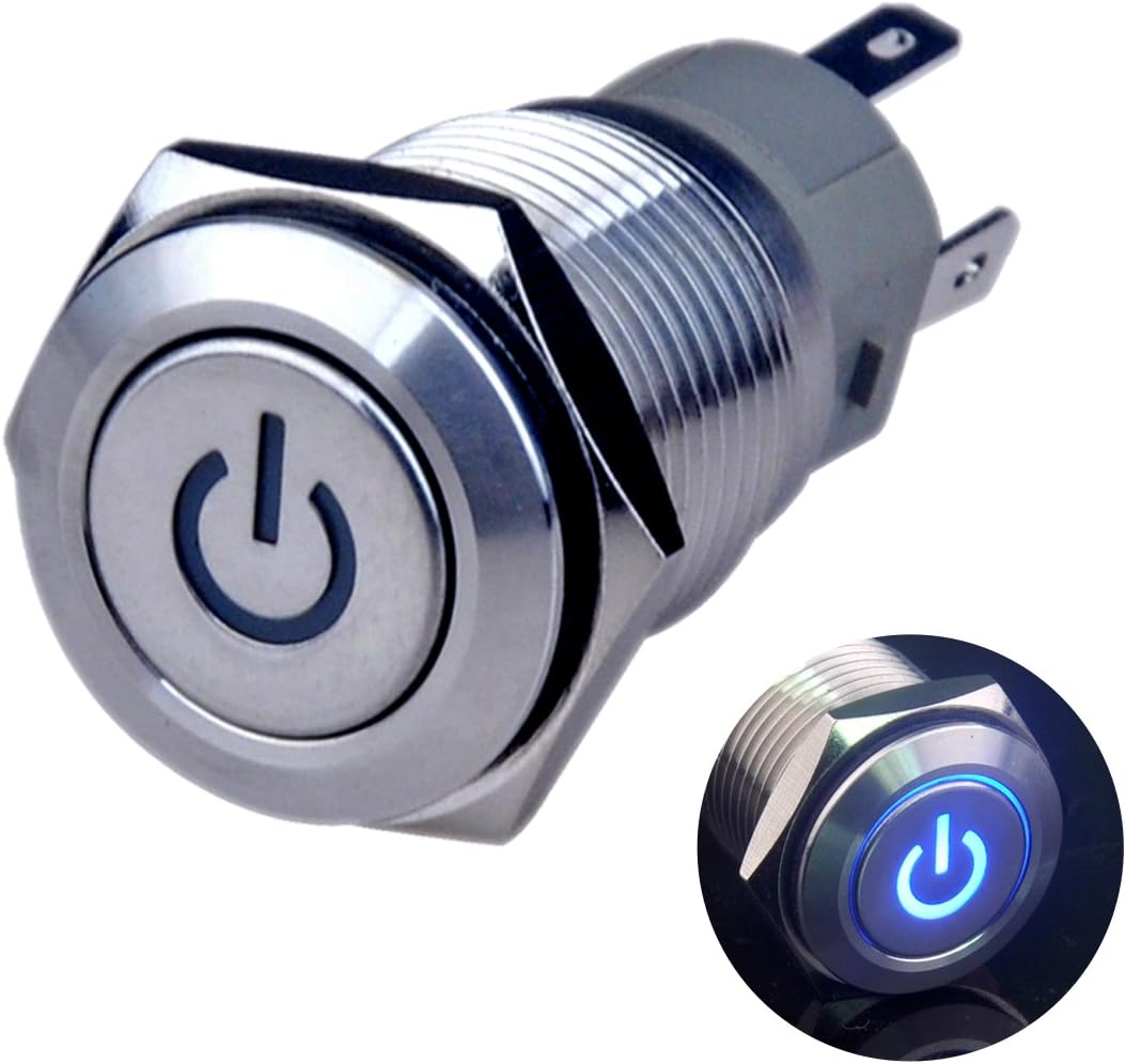Latching Push Button Switch U16F5 1NO1NC SPDT ON/Off Silver Stainless Steel Shell with Blue Power Symbol LED Suitable for 16mm 5/8" Mounting Hole (Blue)