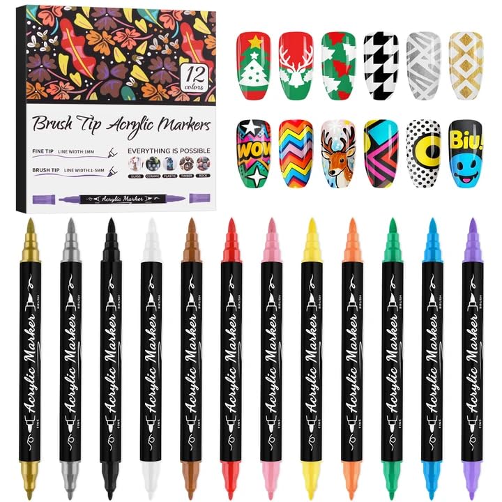 Photo 1 of 12 Colors Nail Art Pens Set, Kalolary 3D Nail Polish Pens Quick-Drying Acrylic Paint Markers Double-headed Drawing Painting Liner Brush for DIY Nail Art Home & Salon Manicure Tools