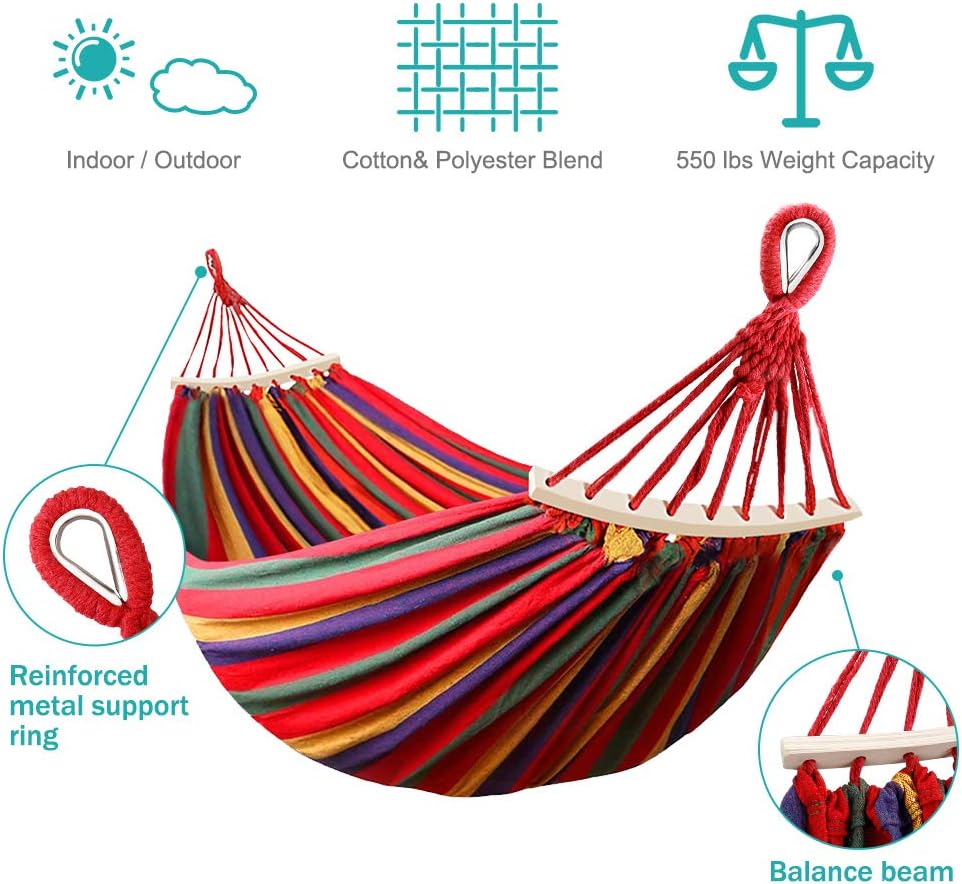 MOSFiATA 550lb Single Camping Hammock, Upgraded and Thickened 320G Durable Canvas Fabric with Two Anti Roll Balance Beam and Sturdy Metal Knot Tree Straps for Backpacking, Travel, Beach, Backyard etc.: Furniture & Decor