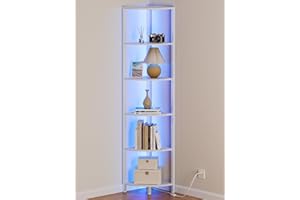 Furnulem 6 Tier Corner Shelf with LED Light, 67.5” Tall Standing Shelf Organizer, White Narrow Bookshelf with Storage Rack for Wall Corner, Living Room, Bedroom, Metal Frame, Wood Display Shelf