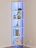 Furnulem 6 Tier Corner Shelf with LED Light, 67.5” Tall Standing Shelf Organizer, White Narrow Bookshelf with Storage Rack for Wall Corner, Living Room, Bedroom, Metal Frame, Wood Display Shelf
