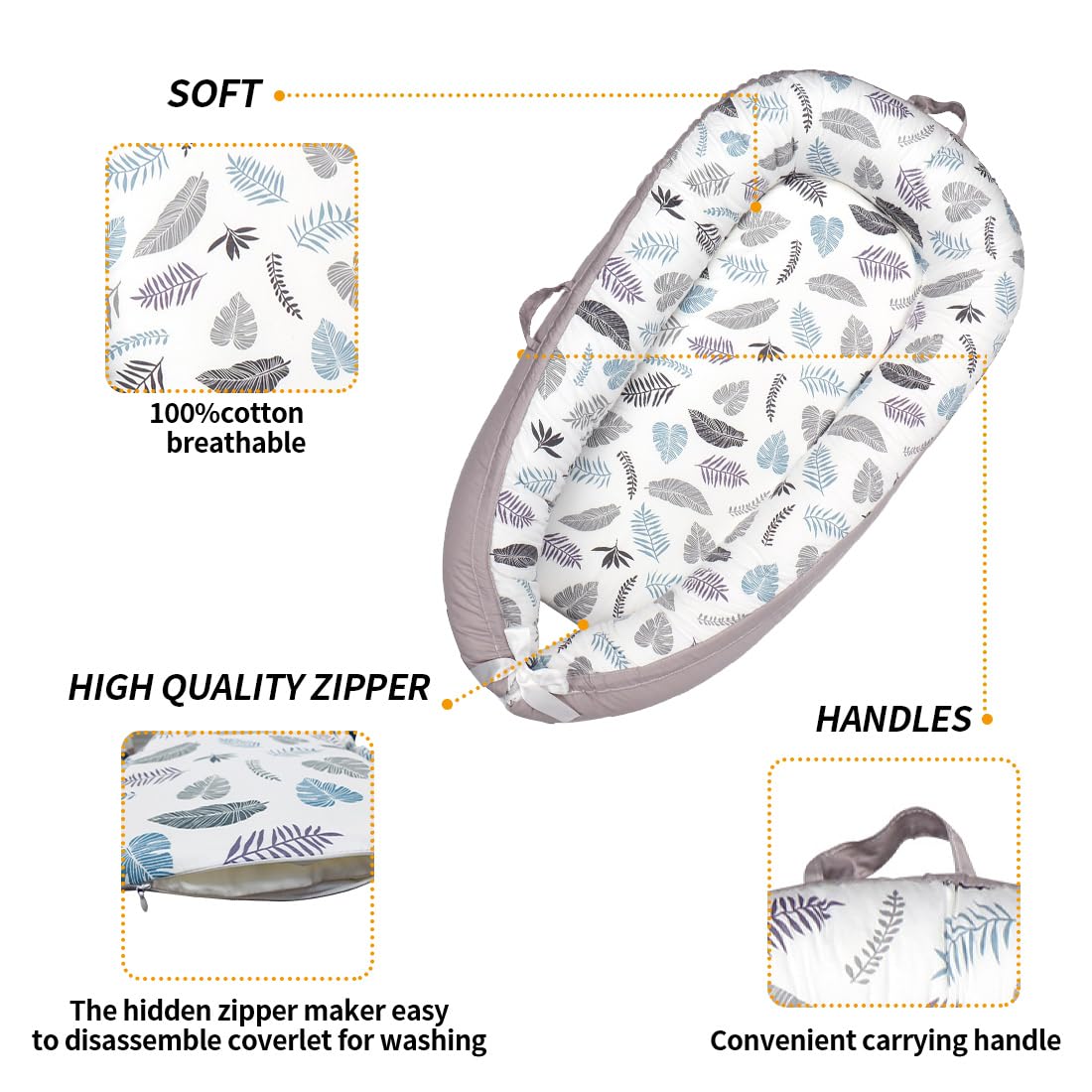 Baby Lounger Replaceable Cover Baby Nest Backup Cover 100% Cotton Breathable Machine Washable (Gray Leaves)