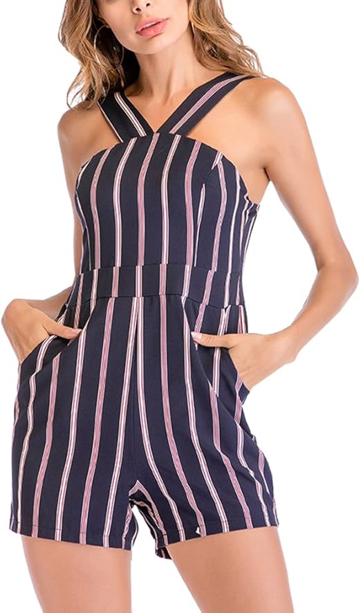 DianShao Jumpsuit Damen Elegant Kurz Playsuit Gedruckte Gestreifte