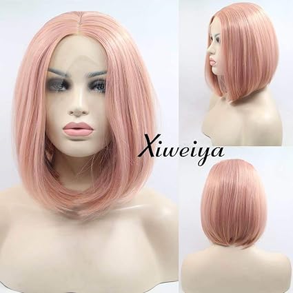 Xiweiya Short Pink Bob Wig Rose Gold Bob Wig Synthetic Pink Bob