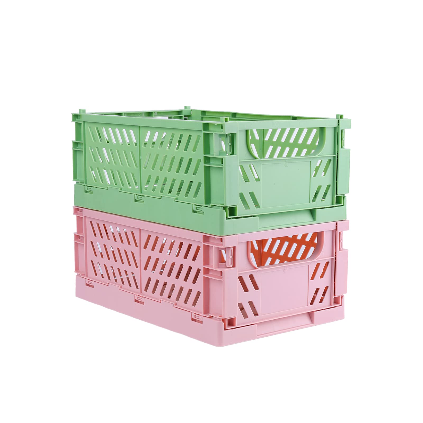 KINBOM 2pcs Plastic Baskets for Organizing, Light Color Foldable Storage Basket Collapsible Crate Pastel Crates Cute Desk Organizer for Kitchen Bedroom Bathroom Home Office (5.9x3.85x2.24inch, Small)
