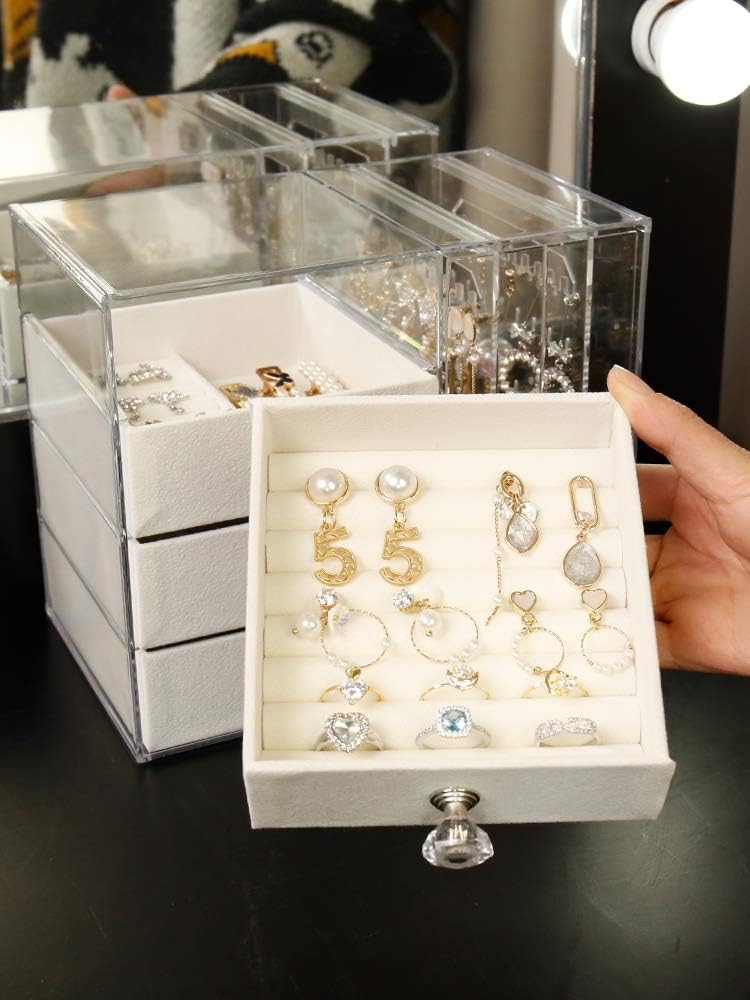 Cq acrylic Jewelry Box for Women with 4 Drawers, Hanging Velvet Jewelry Organizer for Earring Bangle Bracelet Necklace and Rings Storage Clear Acrylic Jewelry case,White: Home Improvement