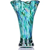9.0" H Teal Glass Vases for Flowers, Unique Hand Blown Glass Vase Green Home Decor, Wide Mouth Colorful Flower Vase Centerpieces, for Living Room Table Bookshelf, Bathroom Office Shelf Decorative