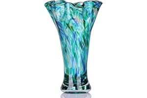 LCCCK 9.0" H Teal Glass Vases for Flowers, Unique Hand Blown Glass Vase Green Home Decor, Wide Mouth Colorful Flower Vase Centerpieces, for Living Room Table Bookshelf, Bathroom Office Shelf Decorative