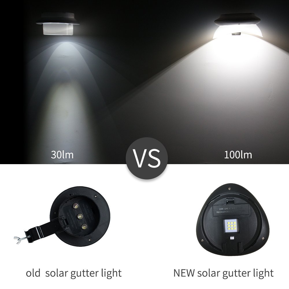 KASUN Solar Gutter Lights, Newest 9 LED Outdoor Fence Light Waterproof Wall Lamps for Garden Patio Driveway Deck Stairs - White Light, Pack of 6