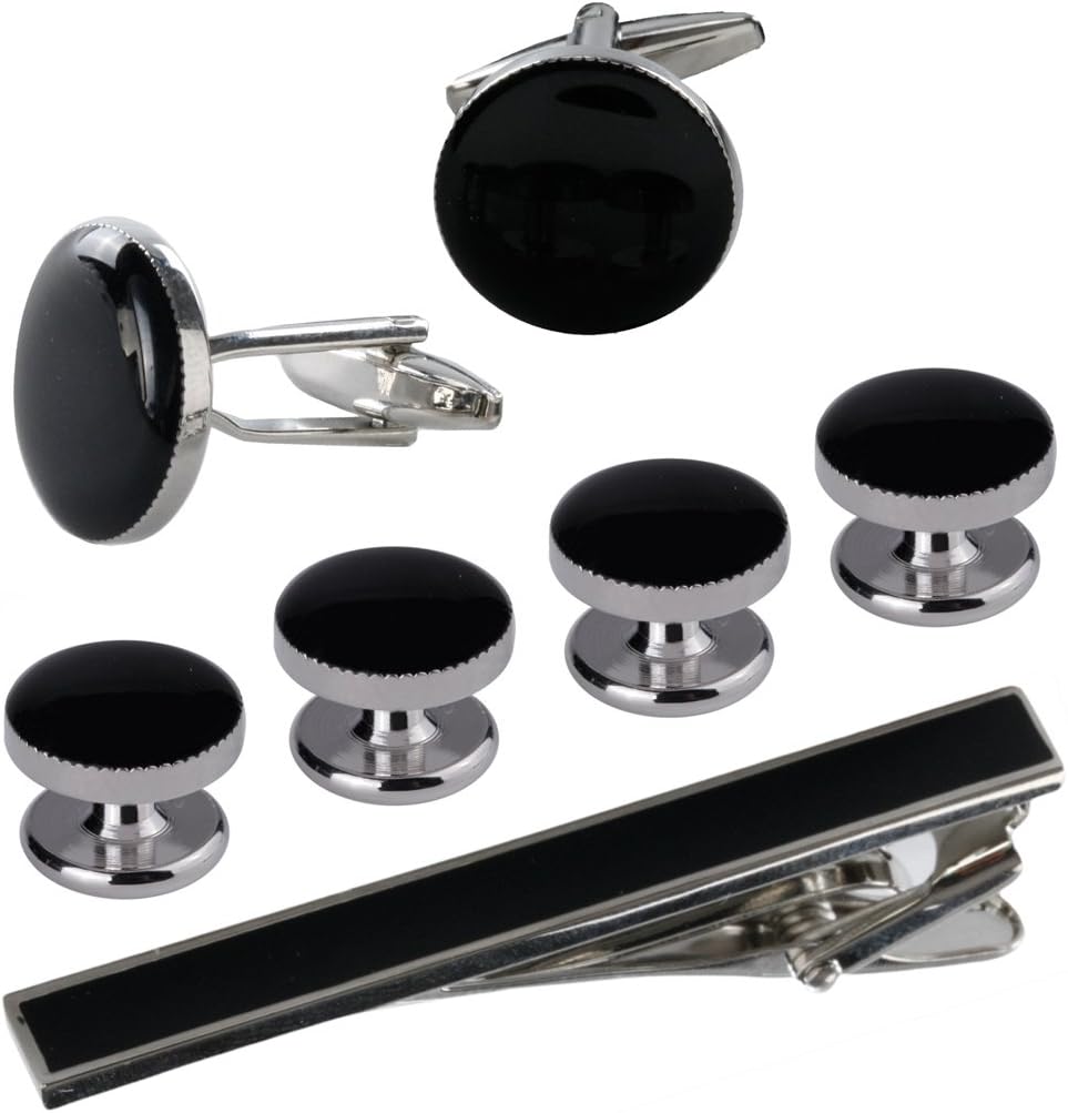 Cufflinks and Studs Set for Tuxedo - Formal Black with Shiny Silver Trimming in Presentation Box