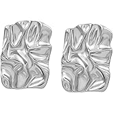 Chunky Gold Rectangle Stud Earrings Statement Hammered Irregular Wrinkle Square Geometric Fold Silver Plated Dangle Drop Earrings for Women Minimalist Prom Party Summer Holiday Trendy Jewelry Gifts