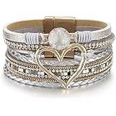 Women's Gray Bohemian Multilayer PU Leather Bracelet with Heart Charm Strong Clasp Handmade Boho Bracelet Gift for Women