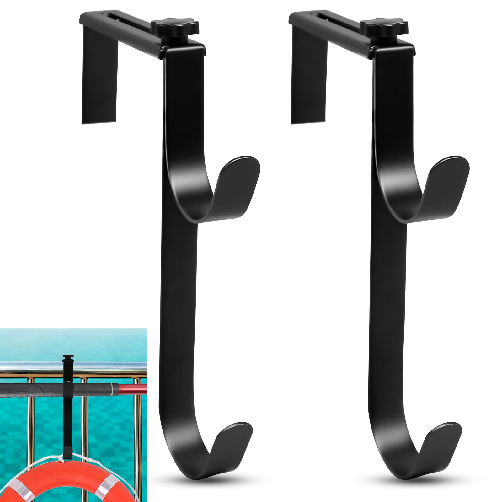 Photo 1 of 2Pcs Adjustable Pool Pole Hanger, Double Pool Hooks for Poles, Mental Pool Fence Hooks for Hanging Pool Equipment Hooks, Pool Pole Hooks for Pool Skimmer Pole Pool Hose, Wall Pool Tool Holder (Black)