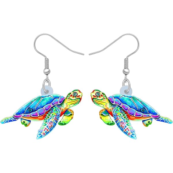 Blue Sea Turtle Acrylic Dangle Earrings – Hawaiian Ocean Animal Novelty Jewelry Gift For Women