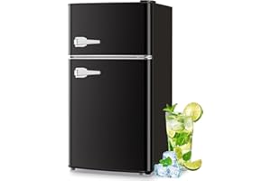 TACOOL Mini Refrigerator with Freezer Small Fridge Double Door Side Drink Holder Adjustable Glass Shelves, Plastic Crisper, 7 Level Temperature Control for Bedroom, Office, Apartment Black