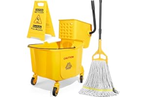 38 Qt Commercial Mop Bucket with Side Press Wringer on Wheels,Yellow Industrial Mops and Bucket Set for Floor Cleaning,Including 1 Industrial Mop and Wet Floor Caution Sign,Beyoco