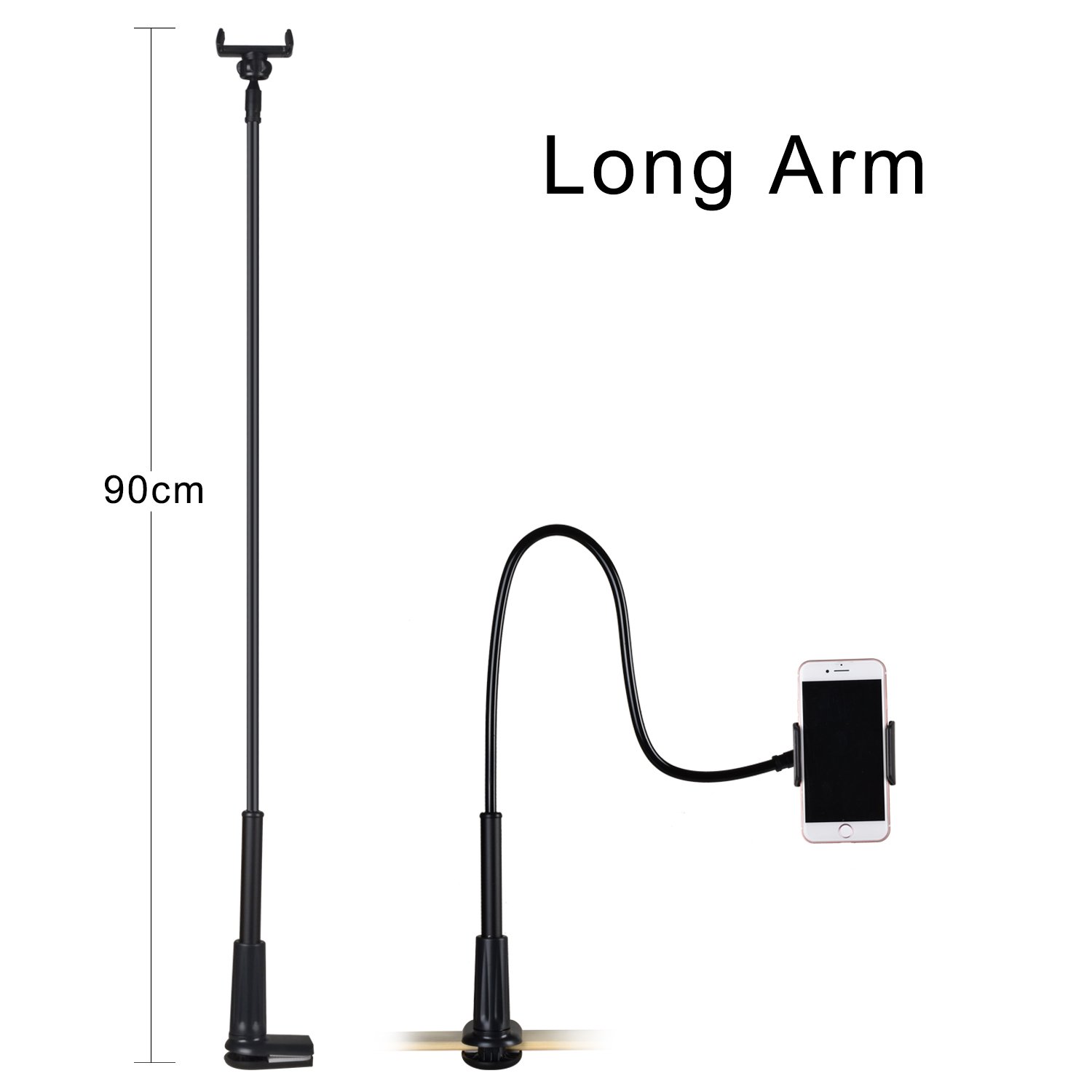 Flexible Phone Stand with Clamp Mount for iPhone and Samsung,Weifan Long Arm Aluminum Gooseneck 360 Rotating Bracket Universal Lazy Phone Holder for CounterTop,Bed or Desk(Black)