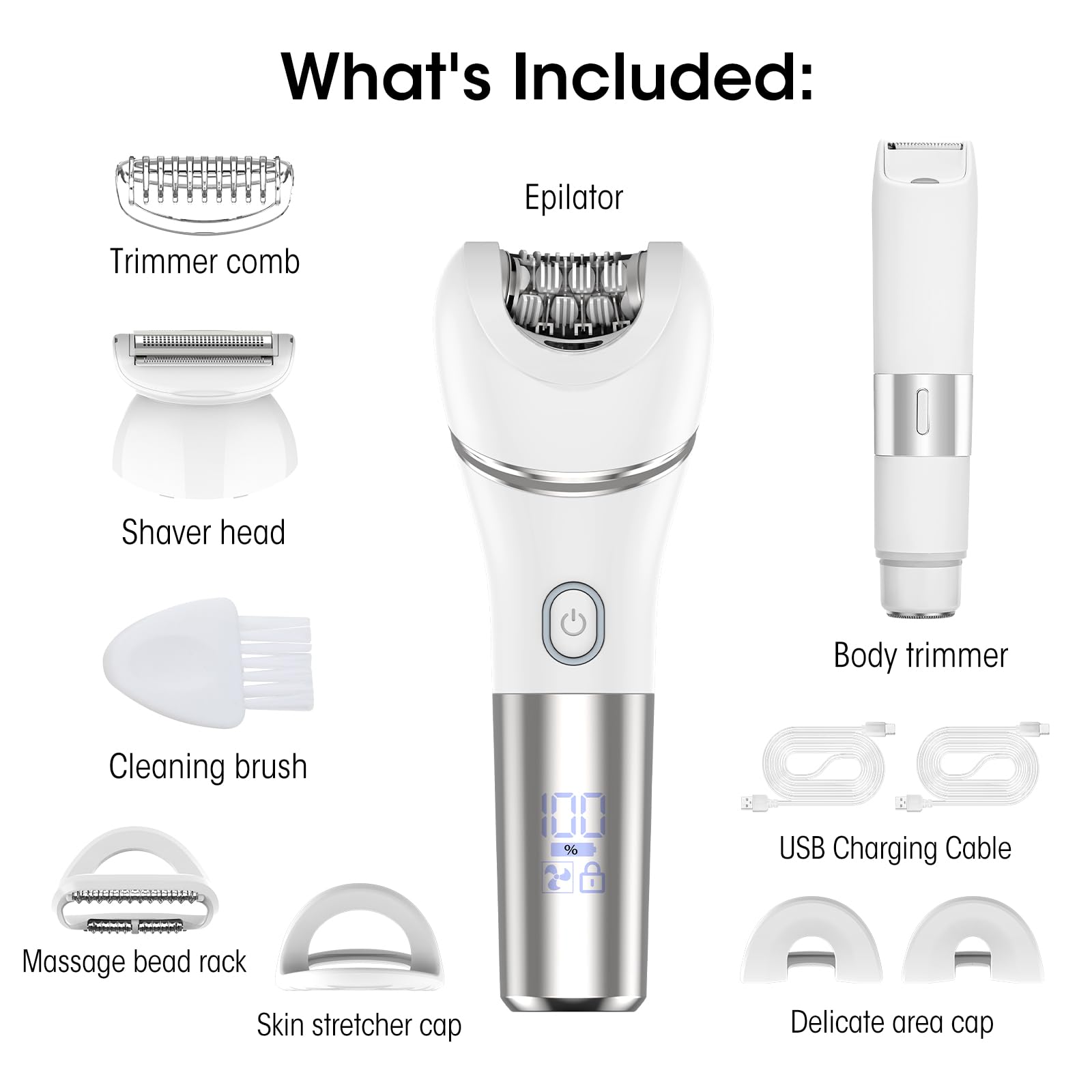 Zesuti Epilators Hair Removal for Women-2 in 1 Eletctric Razors for Women,Dual Head Bikini Trimmer for Pubic Hair/Lady Facial Razor,Cordless Epilator Body Shaver for Smooth Wet/Dry Shaving,Led Light