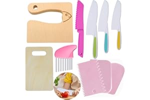 KOLODOGO 10 Pieces Wooden Kids Kitchen Knife Set, Include Wood Kids Knife Plastic Potato Slicers Cooking Knives Children's Safe Knifes Cake Scraper Kids Cute Rectangle Cutting Board