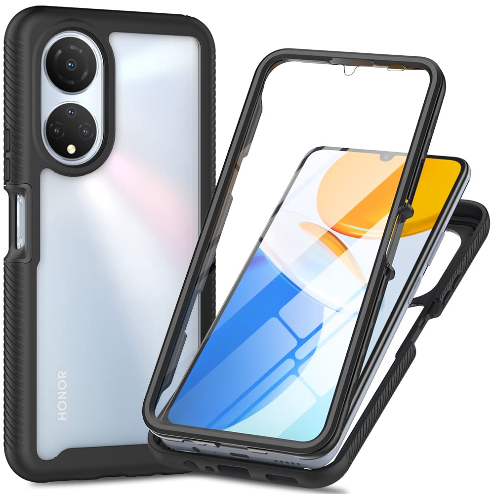 Honor X7 Case with Built-in Screen Protector, 360 Full Body Protective Cover Heavy Duty Anti-Scratch Shockproof Clear Silicone Bumper Slim Fit Phone Case for Honor X7 6.74-inch, Black