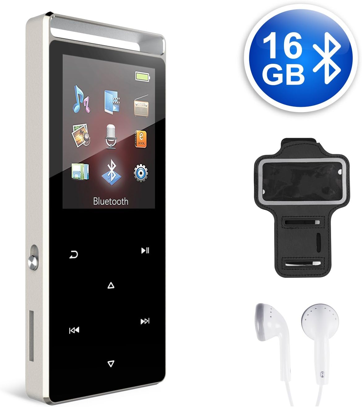 MP3 Player 16GB Bluetooth MP3 Digital Music Player with FM Radio, Voice Rocorder, Pedometer,HIFI Lossless Stereo Sound Metal Sport Player with Armband, Earphone, USB Cable