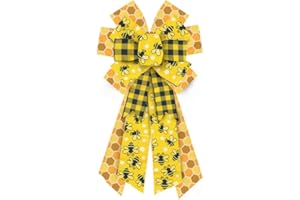 Hying Large Bumble Bee Bows for Wreath, Yellow Black Bee Bow for Front Door, Spring Honeycomb Buffalo Plaid Wreath Bows for Party Decor Indoor Outdoor Wall Spring Summer Decoration Supplies Ornament