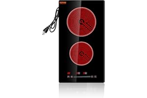 VEVOR Built in Electric Stove Top, 12 inch 2 Burners Ceramic Cooktop, Glass Radiant Cooktop with Sensor Touch Control, Timer & Child Lock Included, 9 Power Levels for Simmer Steam Slow Cook Fry,110V