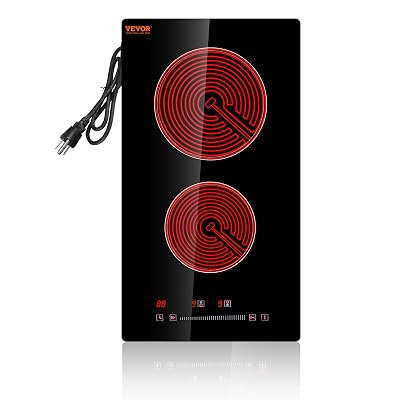 VEVOR Built in Electric Stove Top, 12 inch 2 Burners Ceramic Cooktop, Glass Radiant Cooktop with Sensor Touch Control, Timer & Child Lock Included, 9 Power Levels for Simmer Steam Slow Cook Fry,110V