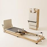 BIOCOR Wooden Pilates Reformer Foldable Pilates Machine for Home Workouts | Wood Pilates Equipment w/ Pilates Ring Yoga Bands, Anti-Slip Mat Jumpboard Music Wire Springs up to 800lbs Weight Capacity