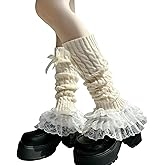Leoparts Women's Knit Leg Warmers Y2K Bow Lace Trim Knee High Leg Sleeve Socks for Lolita Costume Party Accessory