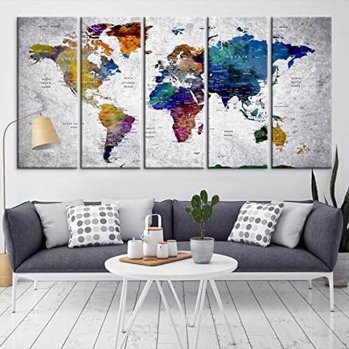Modern Large Dark Blue Wall Art World Map on Gray Backgorund Canvas Print for Home Decor - Wall Art Canvas Print for Office and Living Room Decoration - Ready to Hang - FRAMED