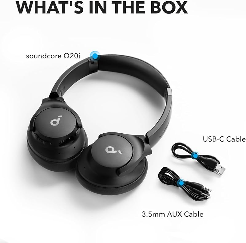 Fones de ouvido híbridos com cancelamento de ruído ativo soundcore da anker q20i, bluetooth sem fio, reprodução anc 40 horas, alta resolução, big bass, personalização de aplicativos, transparência, viagens