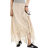 Women Lace Trim Satin Maxi Skirt A line Handkerchief Hem Silk Flowy Skirt Half Slip Long Skirts Streetwear