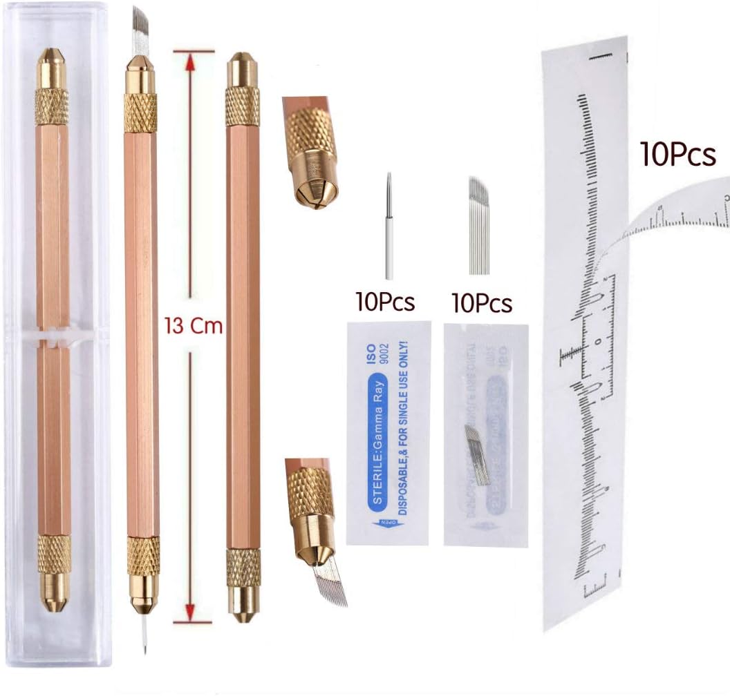 Microblading Pen Two Sided Manual Tattoo Eyebrow Pen With + Needles for Permanent Makeup | Durable Stainless Steel Pen, Lightweight Design With Lock-Pin Tech (Golden)