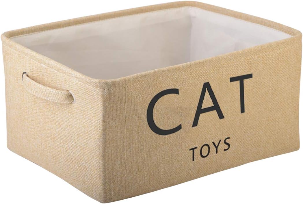 Pethiy Canvas cat toy box Basket storage cat hamper kitten toys for indoor cats- pet toy box- Beige-CAT