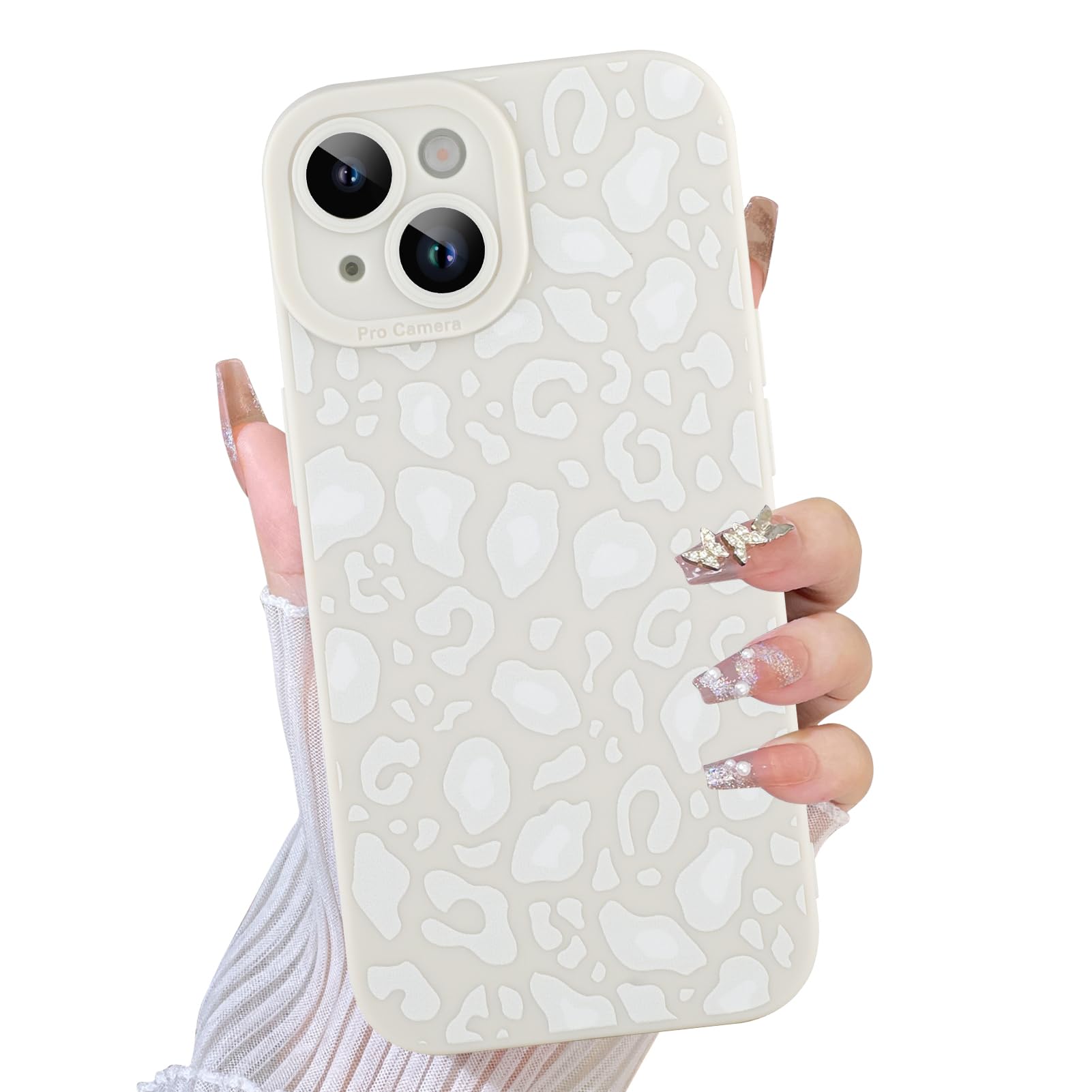 TEAUGHT Compatible with iPhone 14 Case Cute Pattern Leopard Print Cheetah Camera Protection Cover, Cheetah Pattern Phone Case Silicone for Girls Women -White