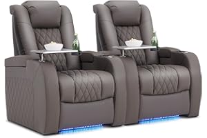 PBRO Home Theater Seating Genuine Leather Recliner Chair, Power Reclining & Headrest, USB A/C Charging Ports, Tray Table, Cup Holder Ambient Lighting 2 Sets Gray
