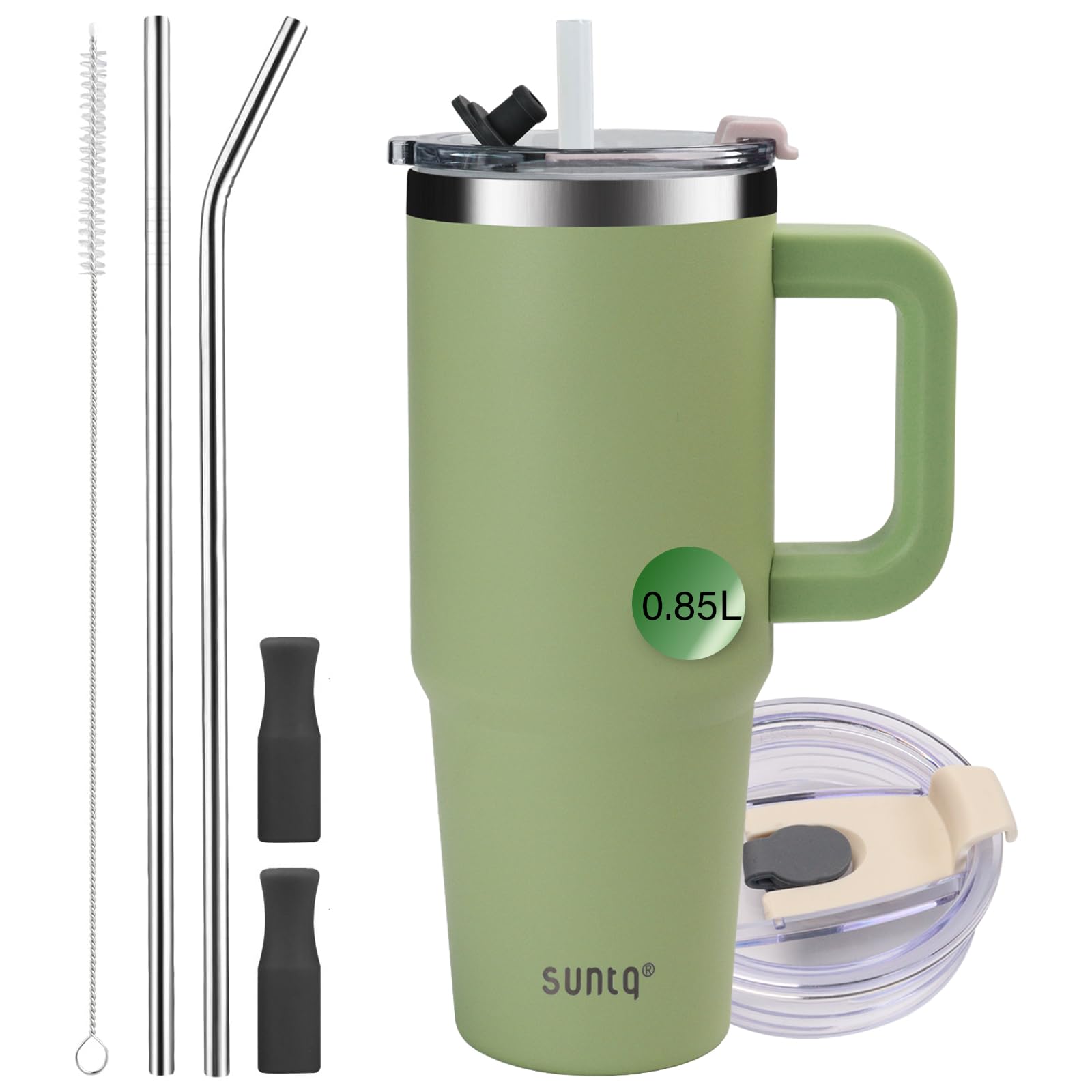 SUNTQ 30oz Tumbler with Handle, Double Wall Vacuum Insulated Water Bottle with Straw and Lid, Stainless Steel Travel Coffee Mug, Reusable Thermal Cup for Beverages, Fit in Cup Holder(Moss)